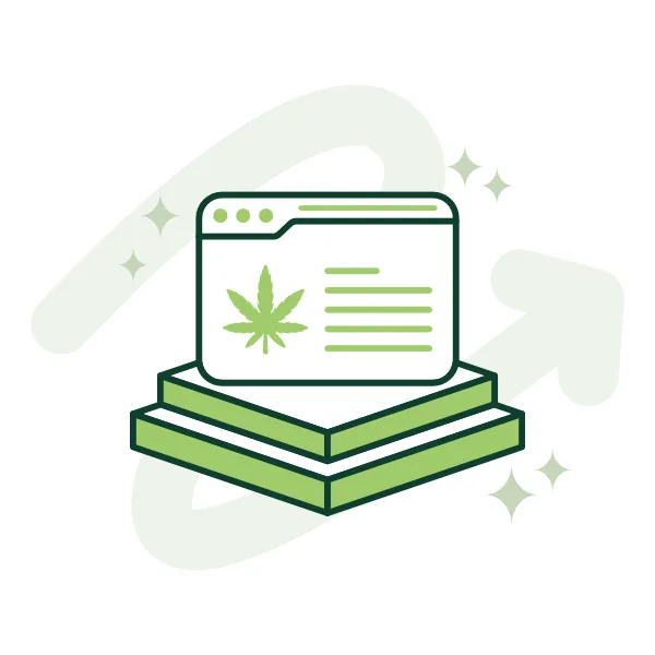 Cannabis website product listing displayed on a layered web page platform