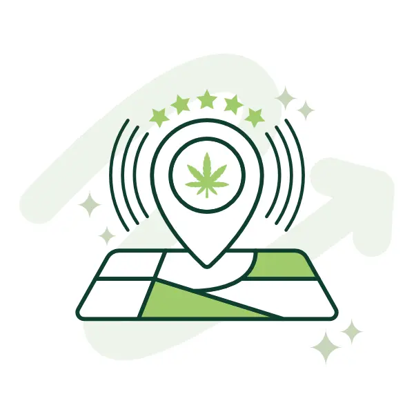 Map pin with a cannabis leaf icon, five stars, and signal waves above a street map