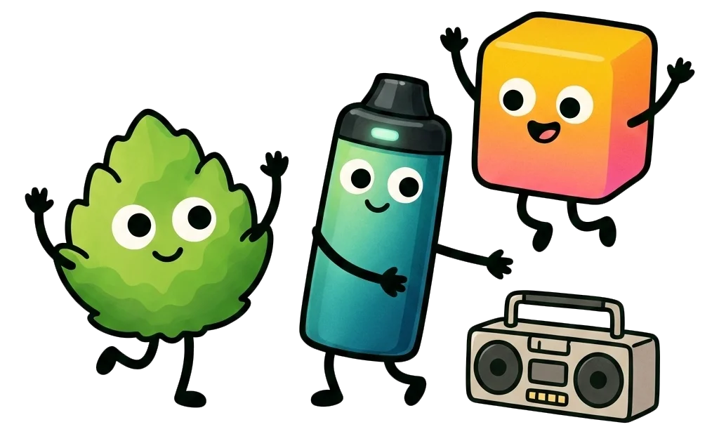 Cartoon characters shaped like a leaf, a vape device, and a colorful cube dancing next to a boombox