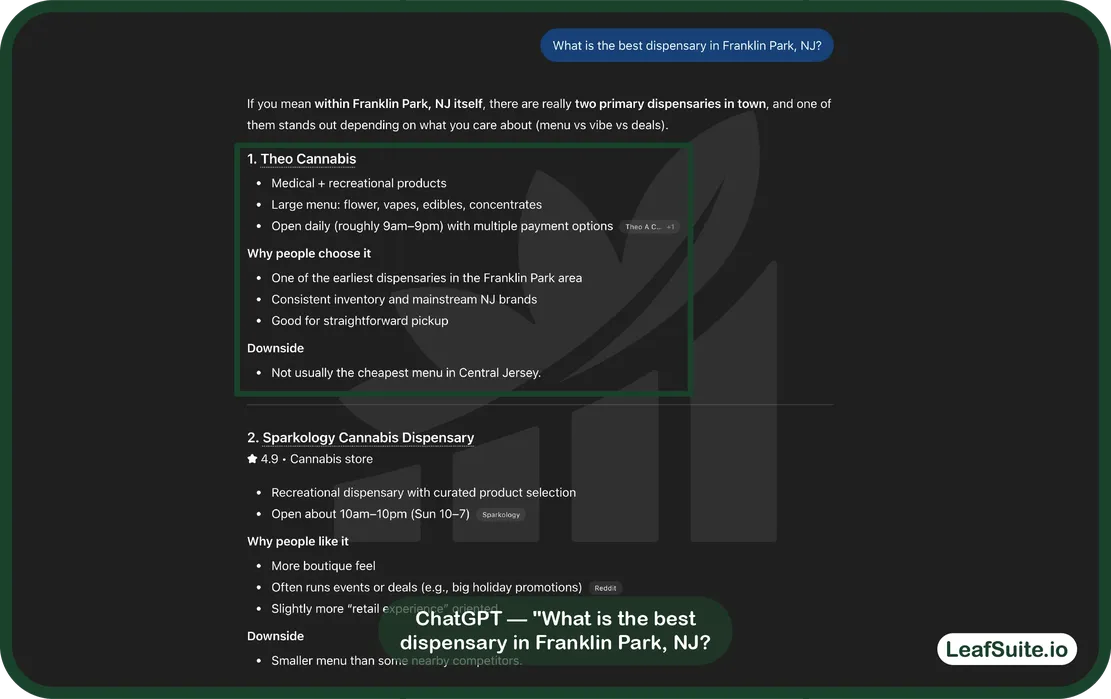 ChatGPT response comparing Theo Cannabis and Sparkology Cannabis Dispensary as the top two dispensaries in Franklin Park, NJ