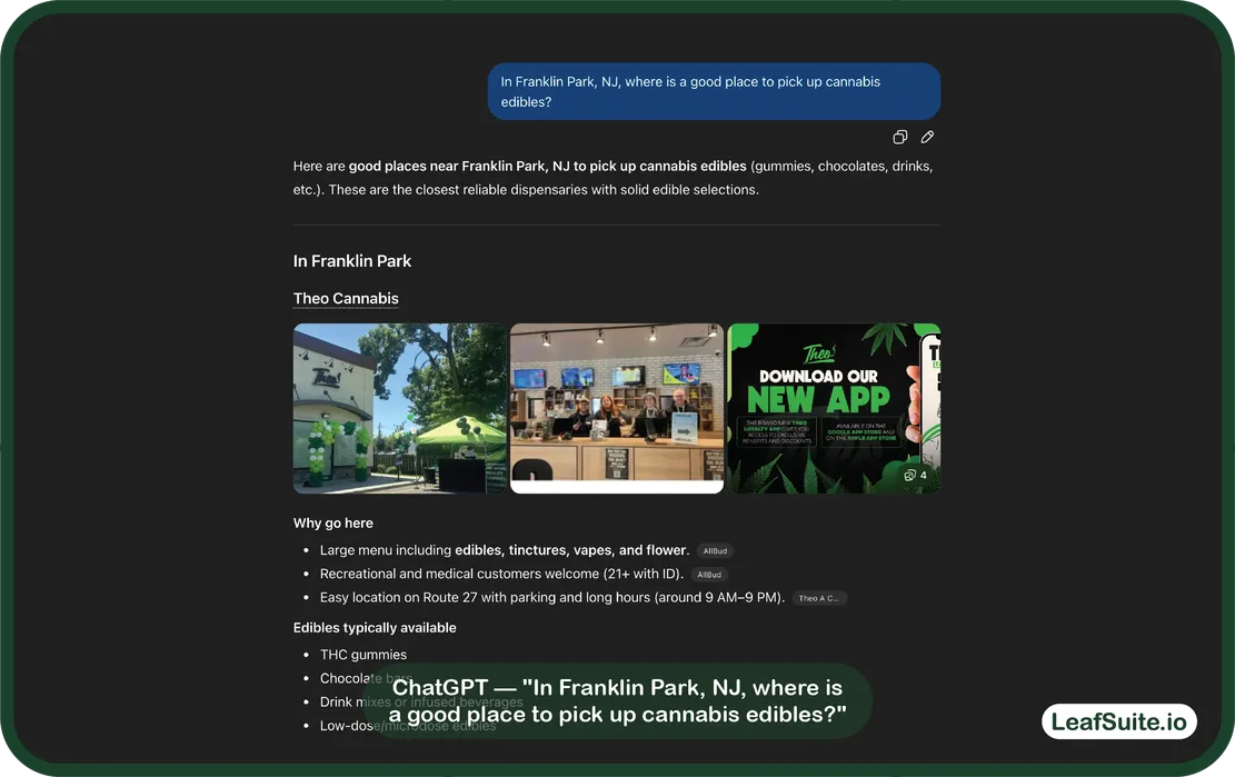 ChatGPT response recommending cannabis edible dispensaries in Franklin Park, NJ, featuring Theo Cannabis with photos and store details