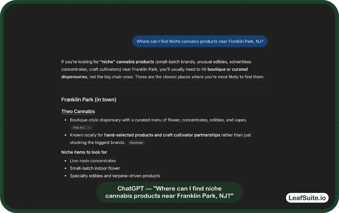 ChatGPT response recommending niche cannabis dispensaries near Franklin Park, NJ, highlighting Theo Cannabis for craft and small-batch products