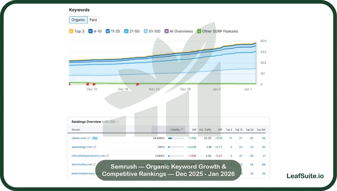 Semrush chart showing njtheo.com organic keyword growth from ~302 to 604 keywords and leading competitors in visibility, Dec 2025–Jan 2026
