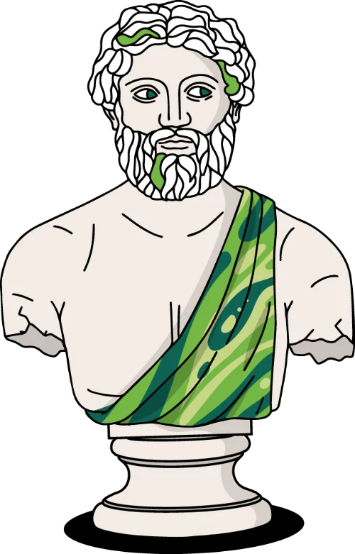 Illustrated bust of a bearded ancient Greek or Roman male figure draped in a green sash, mounted on a pedestal, who is a dispensary mascot