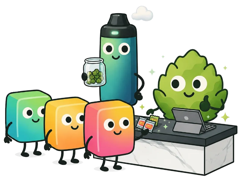 Cartoon cannabis dispensary scene with a leaf character as budtender helping cute cube and vape pen characters at a checkout counter