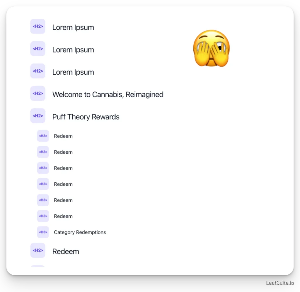 Cannabis dispensary website audit showing broken H2 headings with Lorem Ipsum placeholder text and repeated Redeem tags hurting local SEO