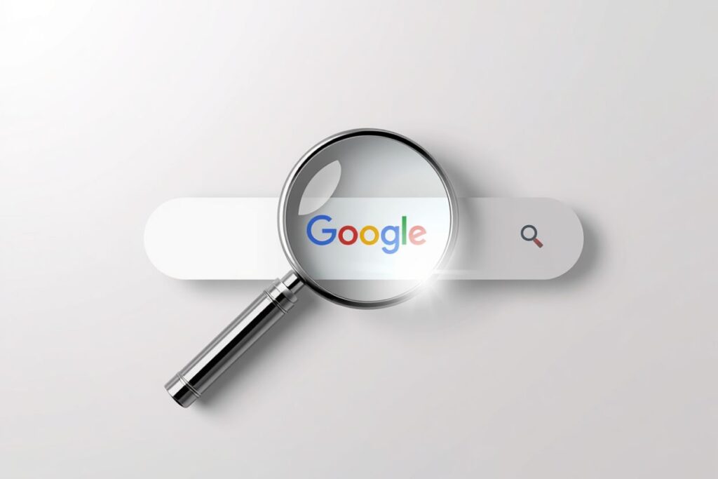 Magnifying glass zooming in on a Google search bar, illustrating local SEO for dispensaries visibility on Google.
