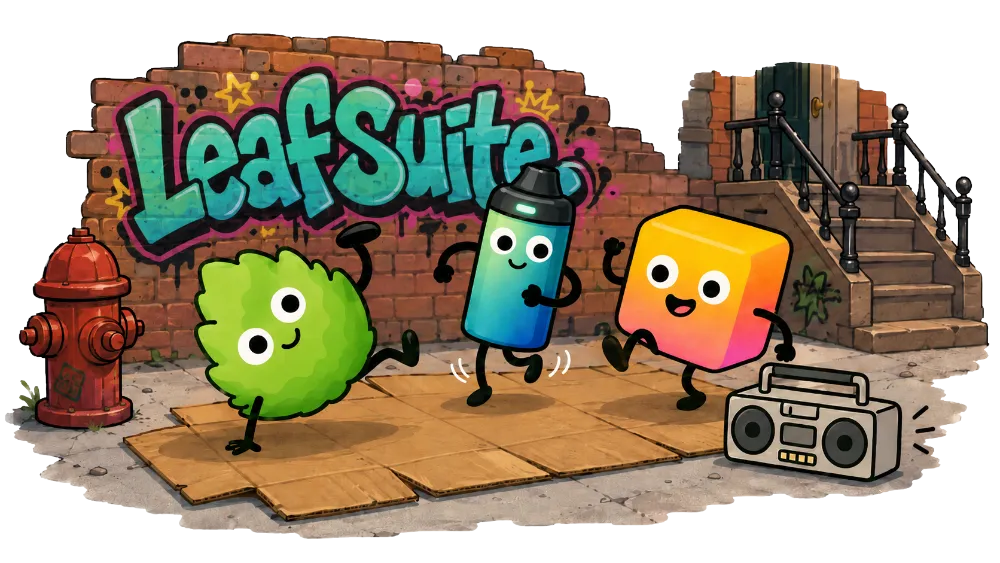 LeafSuite mascot characters breakdancing on a New York City street.