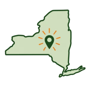 Illustrated New York state outline with a glowing location pin β one LeafSuite partner per New York market