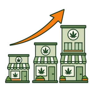 Three illustrated cannabis dispensary storefronts with an orange upward growth arrow β New York cannabis market expansion
