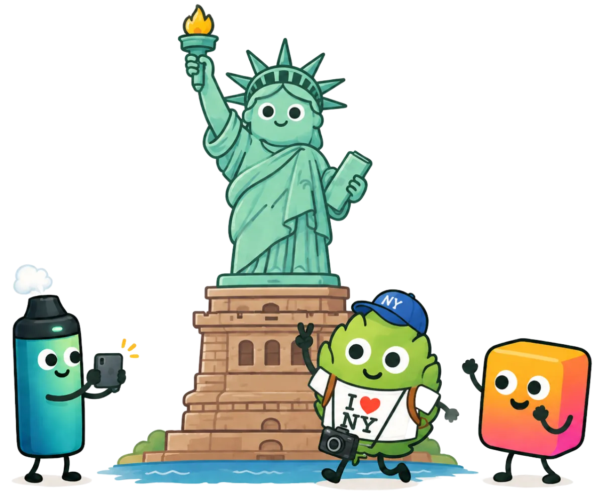 LeafSuite mascot characters posing with the Statue of Liberty.