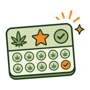 Illustrated loyalty punch card with cannabis leaf, star, and checkmarks β New York dispensary loyalty program now legal