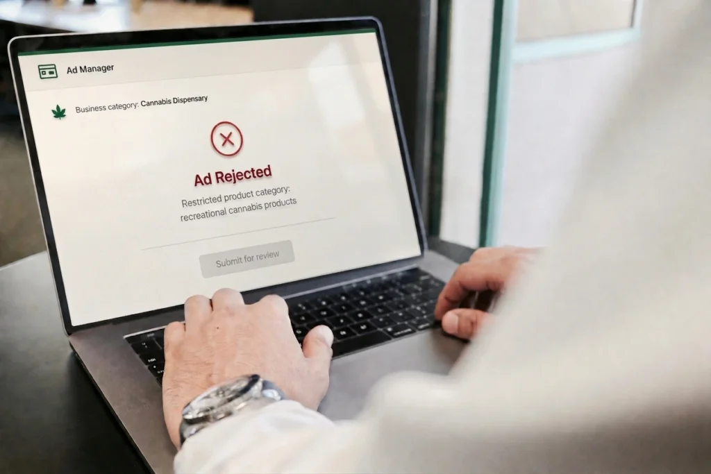 Laptop screen showing an ad rejected notice for a cannabis dispensary due to restricted product category