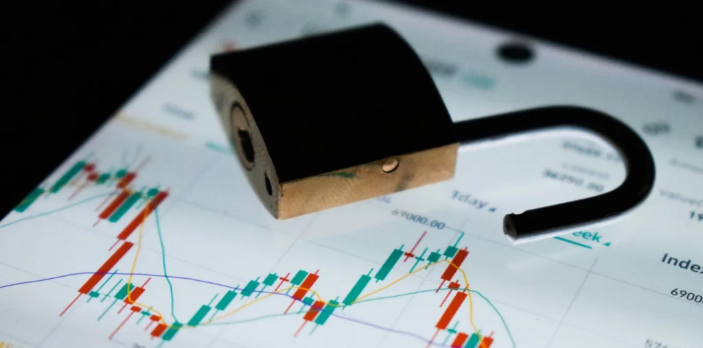Padlock on a financial chart, representing the importance of site ownership in cannabis website design