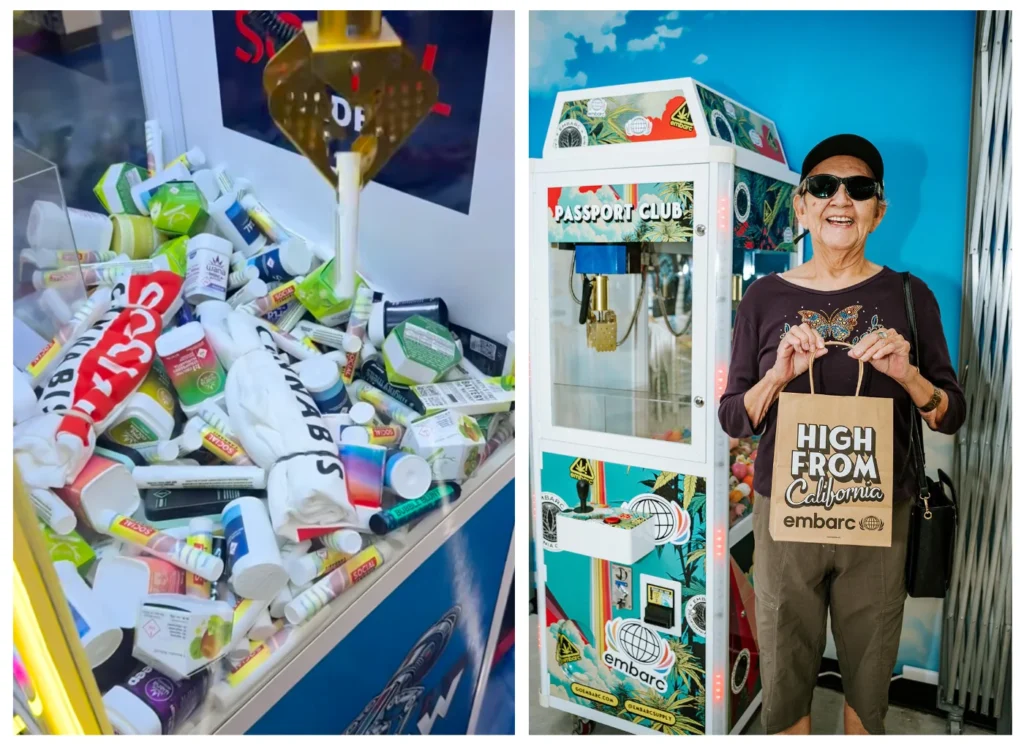 Two dispensary claw machines used as loyalty sign-up promotions: one filled with packaged products and branded merchandise as prizes, and another with a smiling customer standing next to it holding a shopping bag